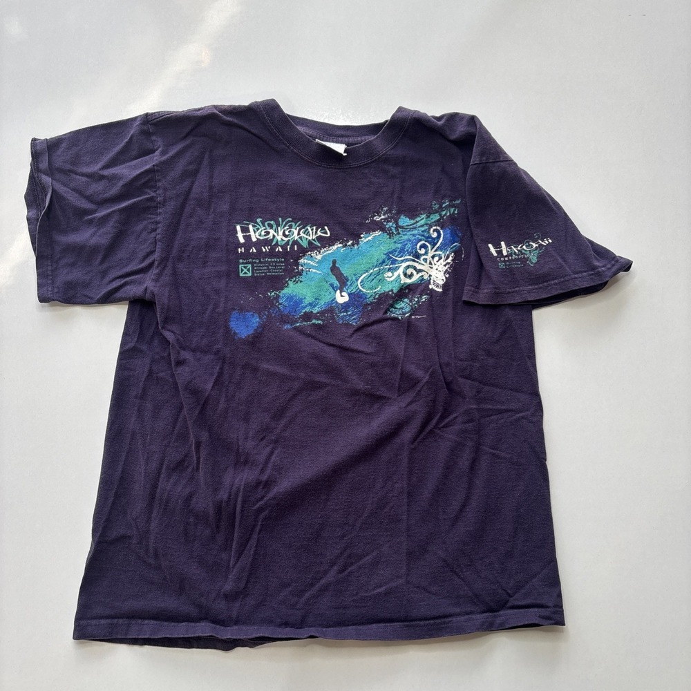 Vintage Y2K Surf Honolulu Hawaii Competition Graphic T-Shirt Navy Size S Perrin
